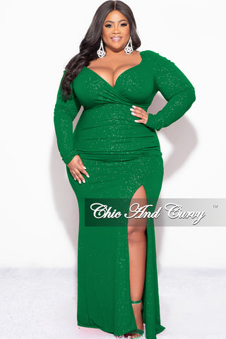 Final Sale Plus Size Glitter Off the Shoulder Gown with Ruched Slide and Slit in Green