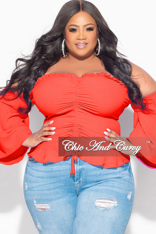 Final Sale Plus Size Off the Shoulder Frill Top with Middle Drawstring in Orange