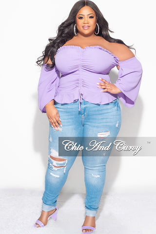 Final Sale Plus Size Off the Shoulder Frill Top with Middle Drawstring in Purple