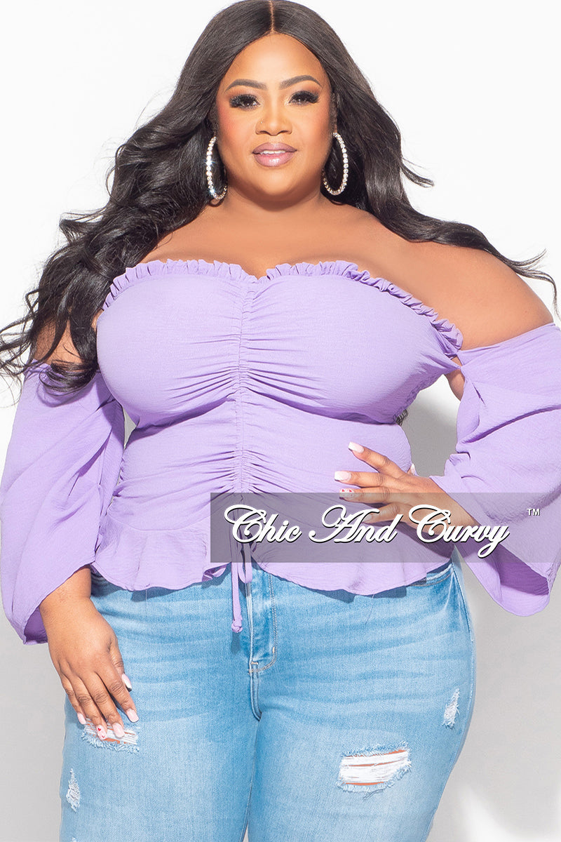 Final Sale Plus Size Off the Shoulder Frill Top with Middle Drawstring in Purple