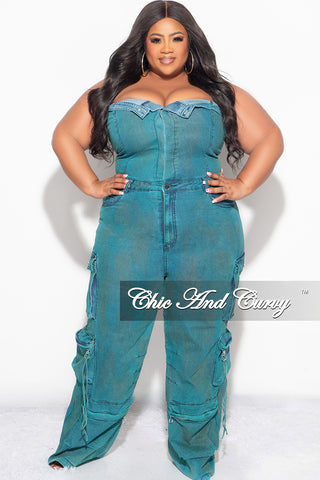 Final Sale Plus Size Cargo Jumpsuit in Washed Teal