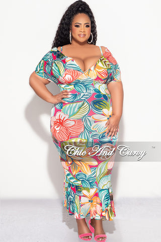 Final Sale Plus Size Spaghetti Strap Off The Shoulder Dress with Ruffle Bottom in Multi Color Floral Print