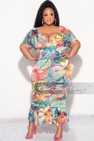Final Sale Plus Size Spaghetti Strap Off The Shoulder Dress with Ruffle Bottom in Multi Color Floral Print