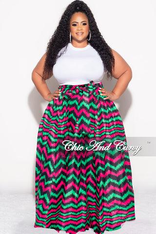 Final Sale Plus Size High Waist Maxi Skirt with Tie in Fuchsia Green and Navy Zig Zag Print