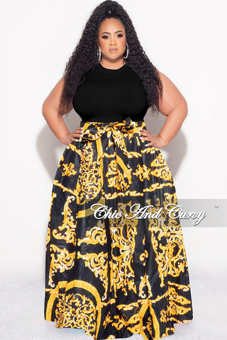 Final Sale Plus Size High Waist Maxi Skirt with Tie in Yellow and Black Design Print