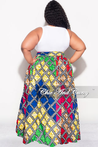 Final Sale Plus Size High Waist Maxi Skirt with Tie in Multi Color Diamond Print