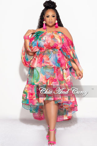 Final Sale Plus Size 2pc Chiffon Cold Shoulder 2pc Set with Ruffle Skirt Set in Fuchsia Print
