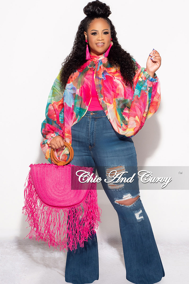 Final Sale Plus Size Sheer Balloon Sleeve Crop Top in Fuchsia Floral Multi Color Print