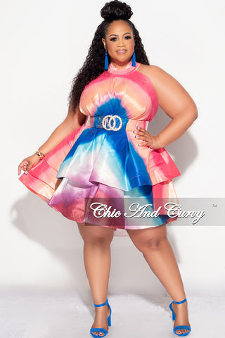 Final Sale Plus Size Halter Tiered Ruffle Mini Dress in Multi Color Print