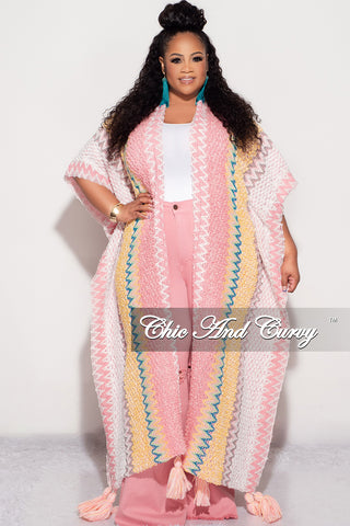 Final Sale Plus Size Knitted Cardigan with Bottom Tassels in Pink and Yellow