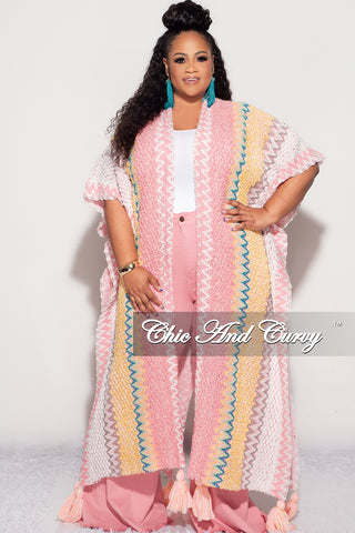 Final Sale Plus Size Knitted Cardigan with Bottom Tassels in Pink and Yellow