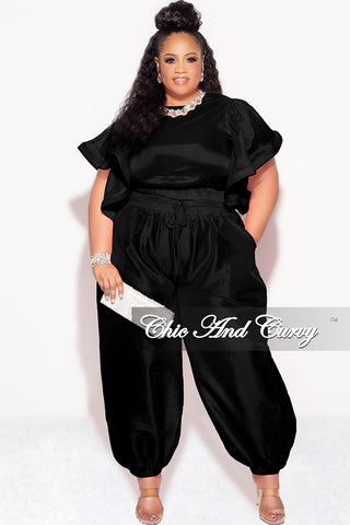Final Sale Plus 2pc Ruffle Top and Balloon Pants Set in Black