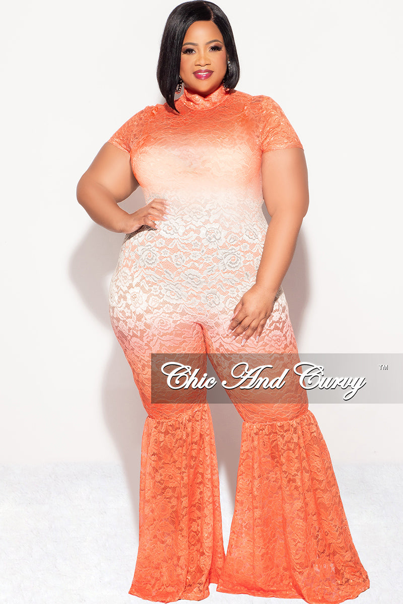 Final Sale Plus Size Mock Neck Lace Bell Bottom Jumpsuit in Orange