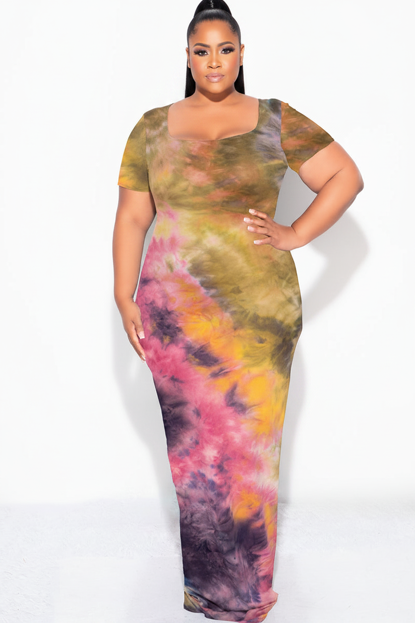 Final Sale Plus Size Short Sleeve Deep Scoop Neck Maxi Dress in Yellow and Pink Tie Dye