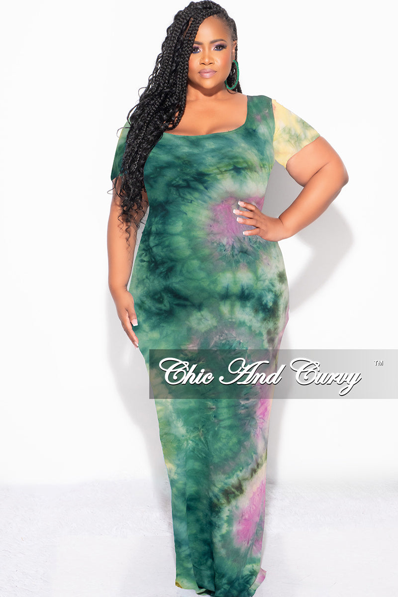 Final Sale Plus Size Short Sleeve Deep Scoop Neck Maxi Dress in Green, Purple and Yellow Tie Dye Print - 2x 18/20 Final Sale Plus Size Short Sleeve Deep Scoop Neck Maxi Dress in Green, Purple and Yellow Tie Dye Print - 2x 18/20