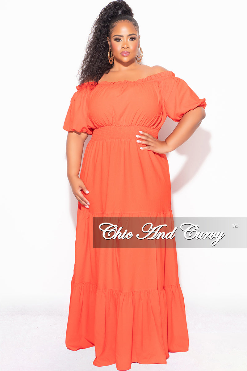 Final Sale Plus Size Off The Shoulder Frill Tiered Maxi Dress with Slit in Burnt Orange Tomato Red - 2X 18/20 Final Sale Plus Size Off The Shoulder Frill Tiered Maxi Dress with Slit in Burnt Orange Tomato Red - 2X 18/20