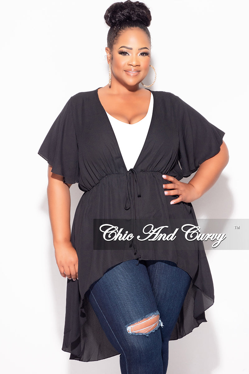 Final Sale Plus Size Chiffon High-Low Duster / Dress with Front Drawstring in Black - 1x 14/16 Final Sale Plus Size Chiffon High-Low Duster / Dress with Front Drawstring in Black - 1x 14/16