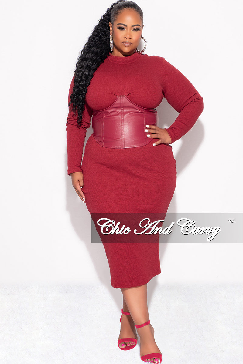 Final Sale Plus Size Thick Knit Sweater Dress with Faux Leather Corset Waist Midi Dress in Burgundy - 3x 22 Final Sale Plus Size Thick Knit Sweater Dress with Faux Leather Corset Waist Midi Dress in Burgundy - 3x 22