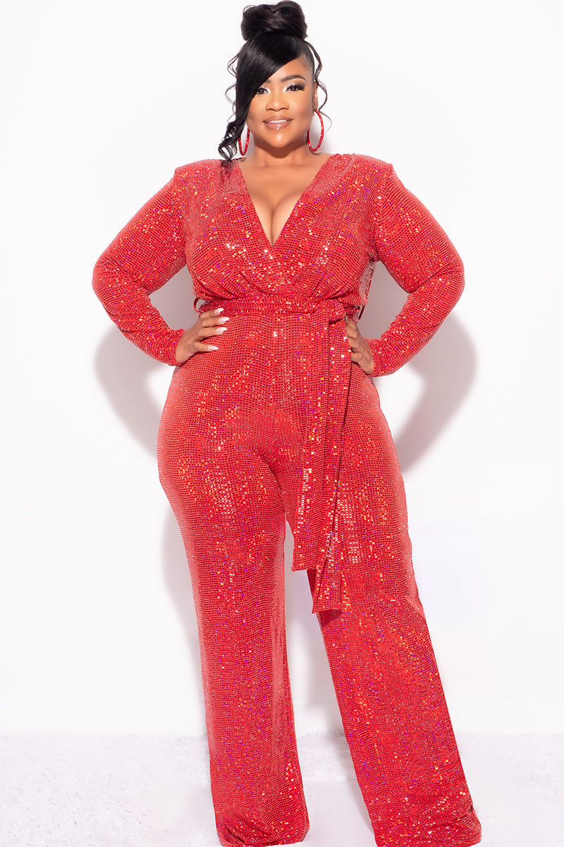 Final Sale Plus Size Long Sleeve Faux Sequin Wrap Jumpsuit with Attached Tie in Red Final Sale Plus Size Long Sleeve Faux Sequin Wrap Jumpsuit with Attached Tie in Red