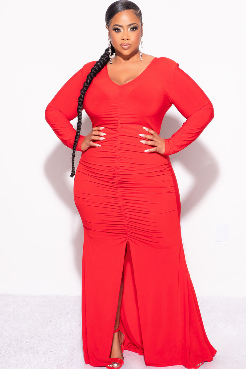 Final Sale Plus Size V-Neck Gown with Center Ruching and Slit in Red Final Sale Plus Size V-Neck Gown with Center Ruching and Slit in Red