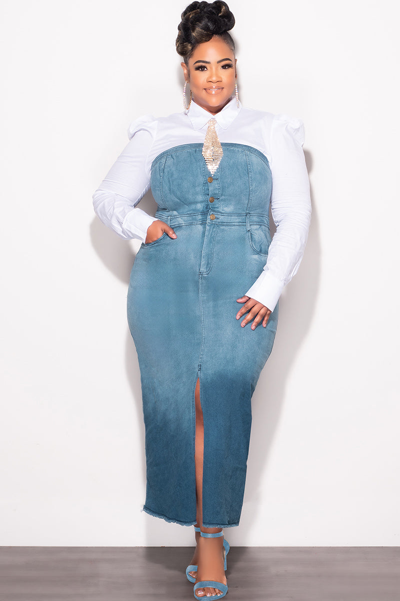 Final Sale Plus Size Color Block Strapless Button Up Dress with Front Slit in Light Denim and Dark Denim - 3x 22 Final Sale Plus Size Color Block Strapless Button Up Dress with Front Slit in Light Denim and Dark Denim - 3x 22