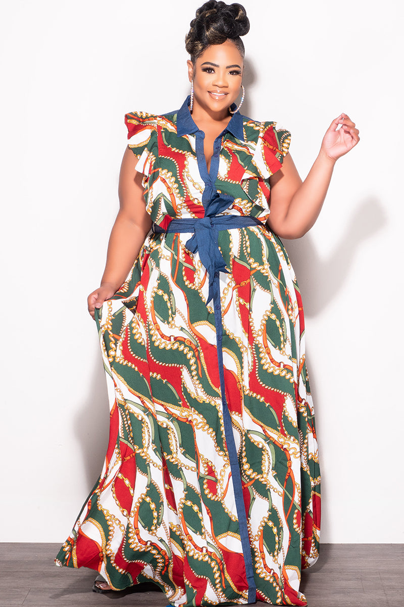 Final Sale Plus Size Tie Maxi Dress in Wine & Green Chain Print Chambr Final Sale Plus Size Tie Maxi Dress in Wine & Green Chain Print Chambr