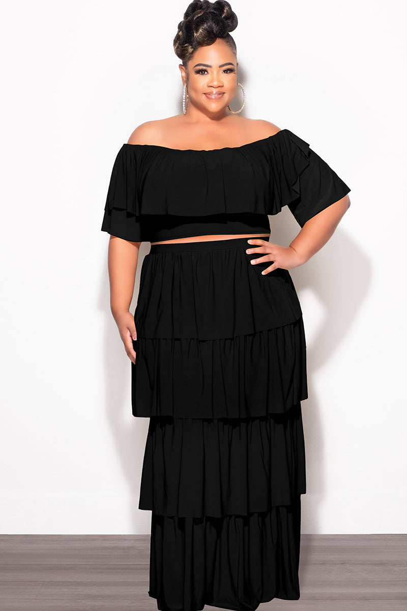 Final Sale Plus Size 2pc Ruffle Tiered Off the Shoulder Crop Top Maxi Skirt Set in Black - 1x 14/16 Final Sale Plus Size 2pc Ruffle Tiered Off the Shoulder Crop Top Maxi Skirt Set in Black - 1x 14/16