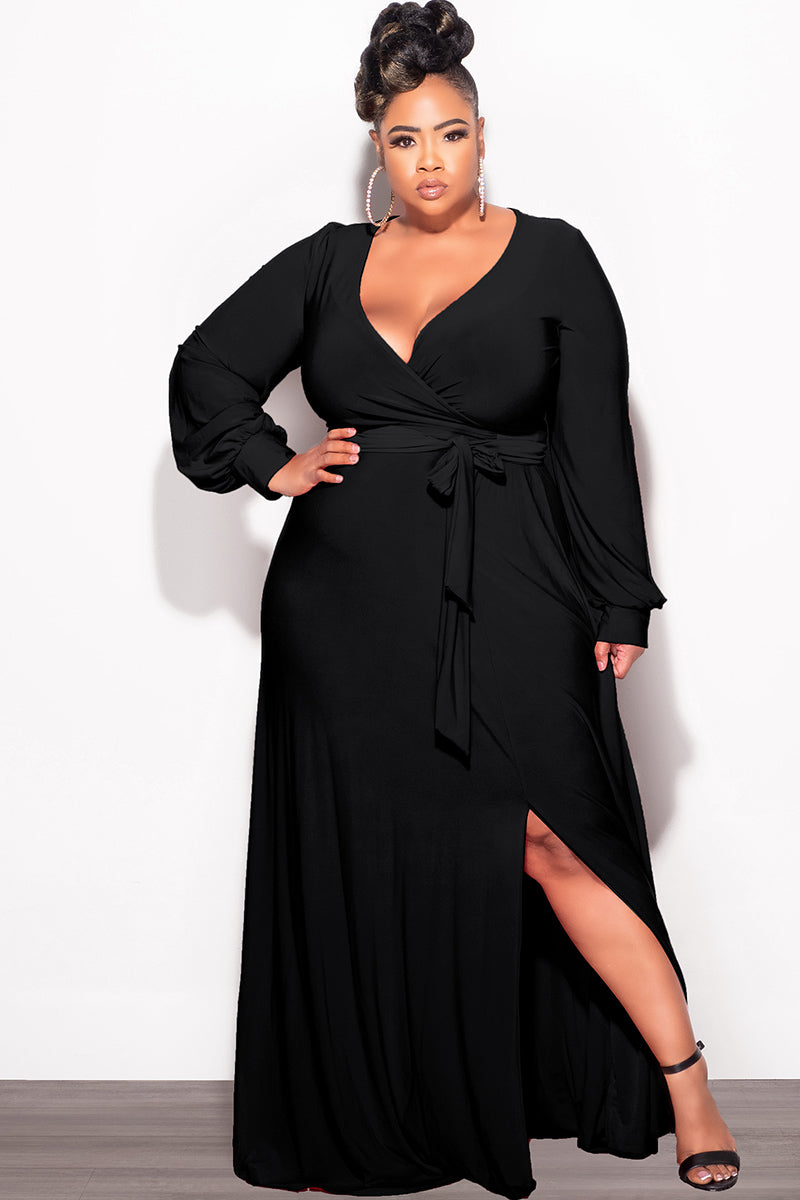 black wrap maxi dress Ashley 70s Faux with Cape Sleeves in Poly Crepe feminine look at weddings Wrap Dress Black Long Sleeve