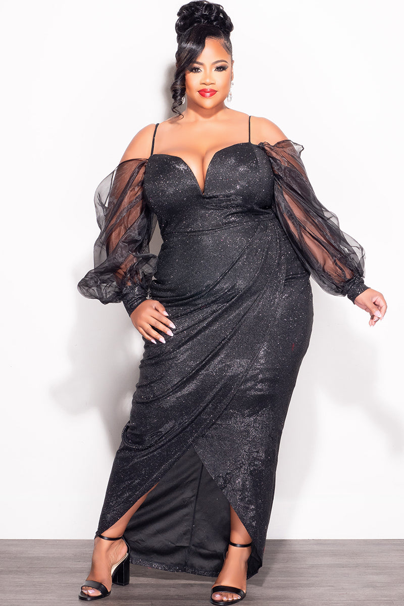 Final Sale Plus Size Shimmer Colder Shoulder Dress with Mesh Sleeves i Chic And Curvy Final Sale Plus Size Shimmer Colder Shoulder Dress with Mesh Sleeves i Chic And Curvy