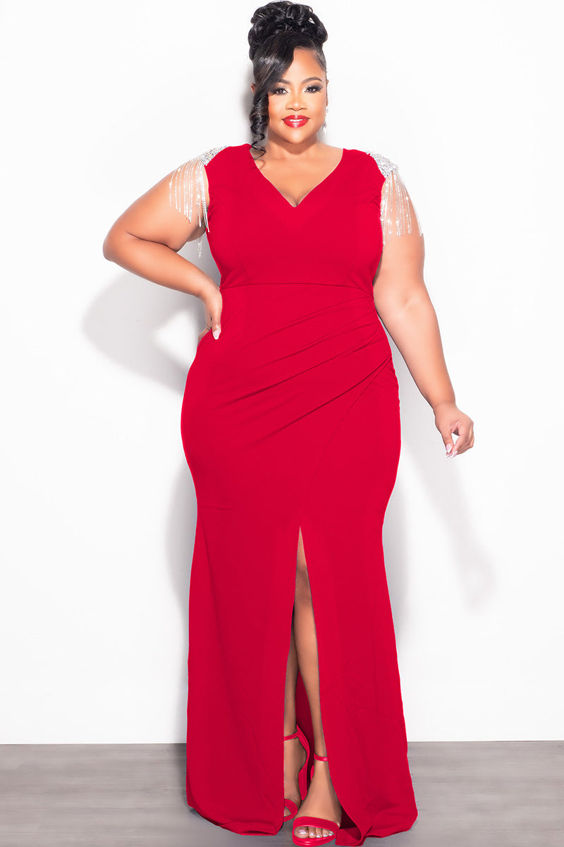 Final Sale Plus Size Deep V Rhinestone Fringe Shoulder With Maxi Dress in Red Final Sale Plus Size Deep V Rhinestone Fringe Shoulder With Maxi Dress in Red