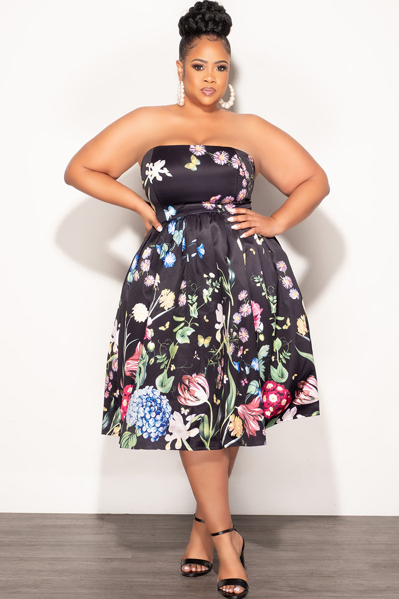 Final Sale Plus Size Strapless Midi Dress in Black with Multi-Color Fl Final Sale Plus Size Strapless Midi Dress in Black with Multi-Color Fl