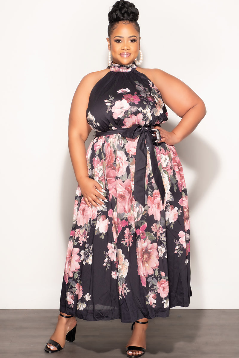 plus size halter maxi dress Beaded Neck Side Slit The drop waist transitions seamlessly into a flowing pleated contrast skirt Plus Size Patterned Halter Maxi