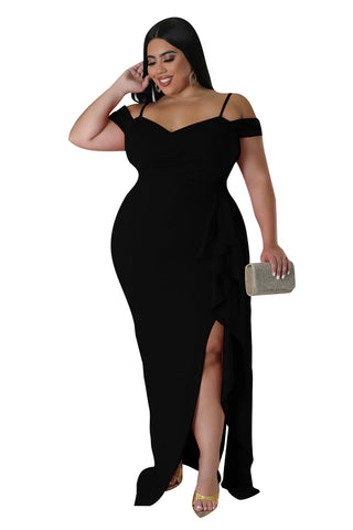 Final Sale Plus Size Cold Shoulder Gown with Side Ruffle and Slit in Black