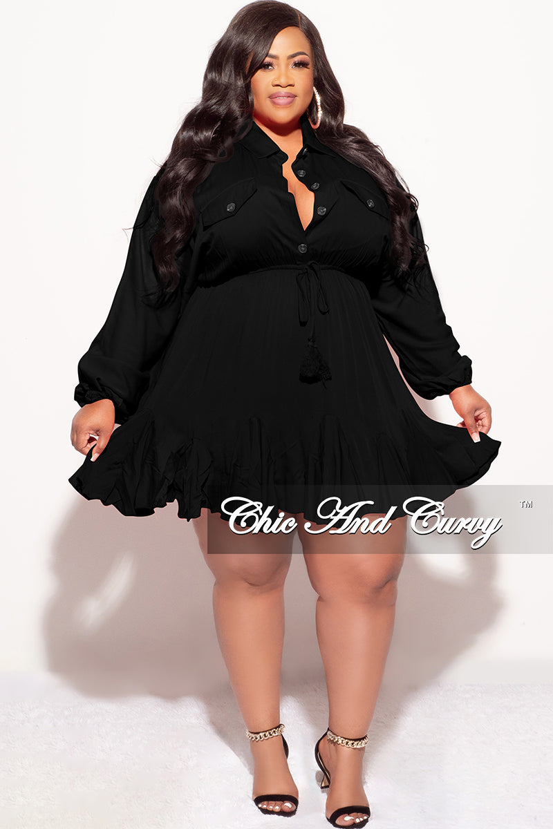 Final Sale Plus Size Collar Button Up Baby Doll Flare Dress in