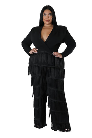 Final Sale Plus Size Collar Faux Wrap Fringe Jumpsuit in Black
