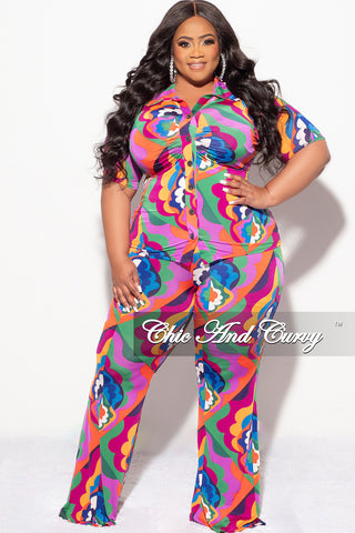 Final Sale Plus Size 2pc Button Up Collar Tie Top And Pants Set In Multi Color "Jazzy" Print