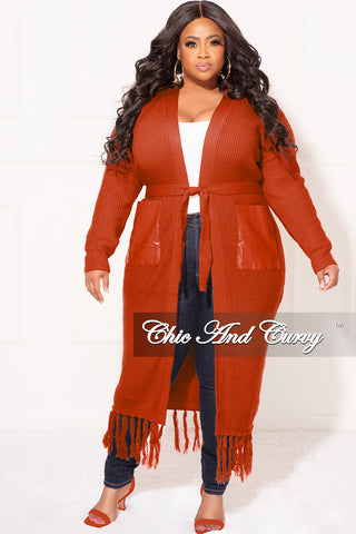 Final Sale Plus Size Fringe Knit Sweater with Faux Leather Pockets in Rust