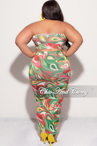 Final Sale Plus Size 2pc Tube Top and Ruffle Skirt Set in Green Multi Color Print
