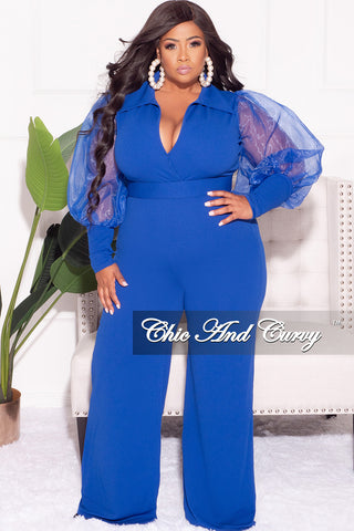 Final Sale Plus Size Faux Wrap Collar Jumpsuit with Sheer Sleeves in Royal Blue