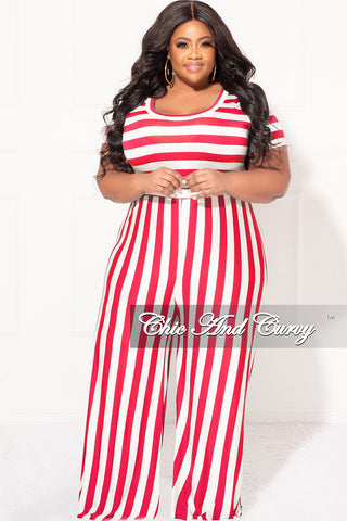 Final Sale Plus Size Short Sleeve Jumpsuit in Coral and White Stripes