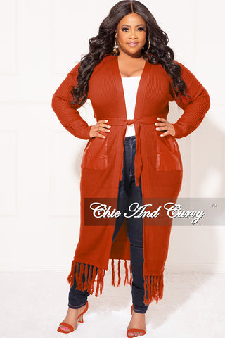 Final Sale Plus Size Fringe Knit Sweater with Faux Leather Pockets in Rust