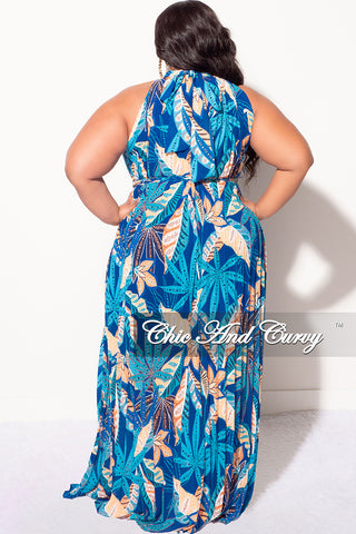 Final Sale Plus Size Chiffon Halter Neck Sleeveless Dress with Pleats In Royal Blue Teal and Orange Floral Print