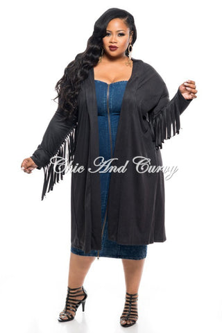 Final Plus Size Jacket in Faux Suede with Fringe Sleeves and Slit Back in Black
