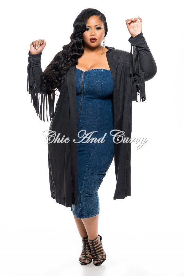 Final Plus Size Jacket in Faux Suede with Fringe Sleeves and Slit Back in Black