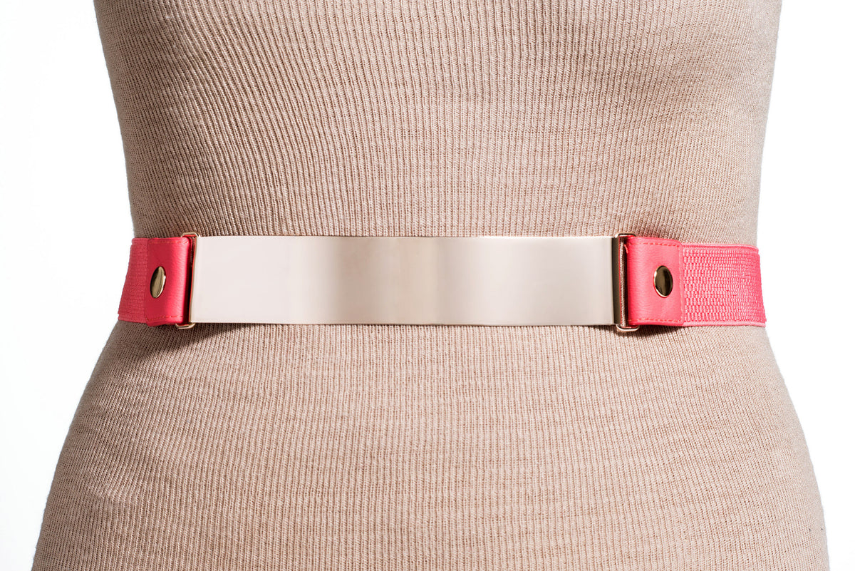 Final Sale Plus Size Belt Elastic Coral Band and Gold Buckle