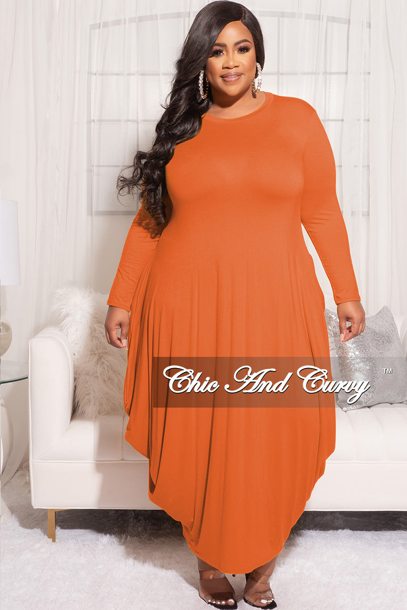Final Sale Plus Size Long Sleeve Casual Loose Pocket Dress in Orange – Chic  And Curvy