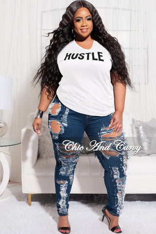 Final Sale Plus Size Short Sleeve White Hustle T-Shirt with Black Lettering