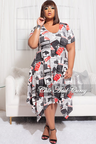 Final Sale Plus Size Short Sleeve High Low Dress in Red Black and White News Print