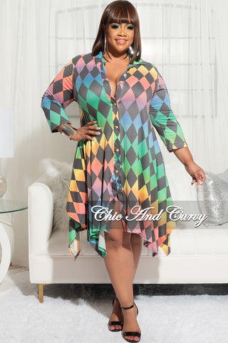 Final Sale Plus Size Collar Button Up High Low Shirt Dress in Diamond Rainbow Print
