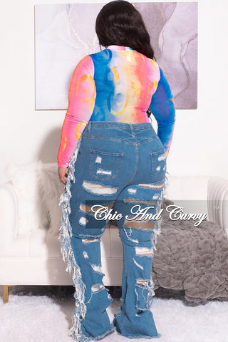 Final Sale Plus Size Mesh Bodysuit with Middle Ruching in Multi-Color Sunrise Print